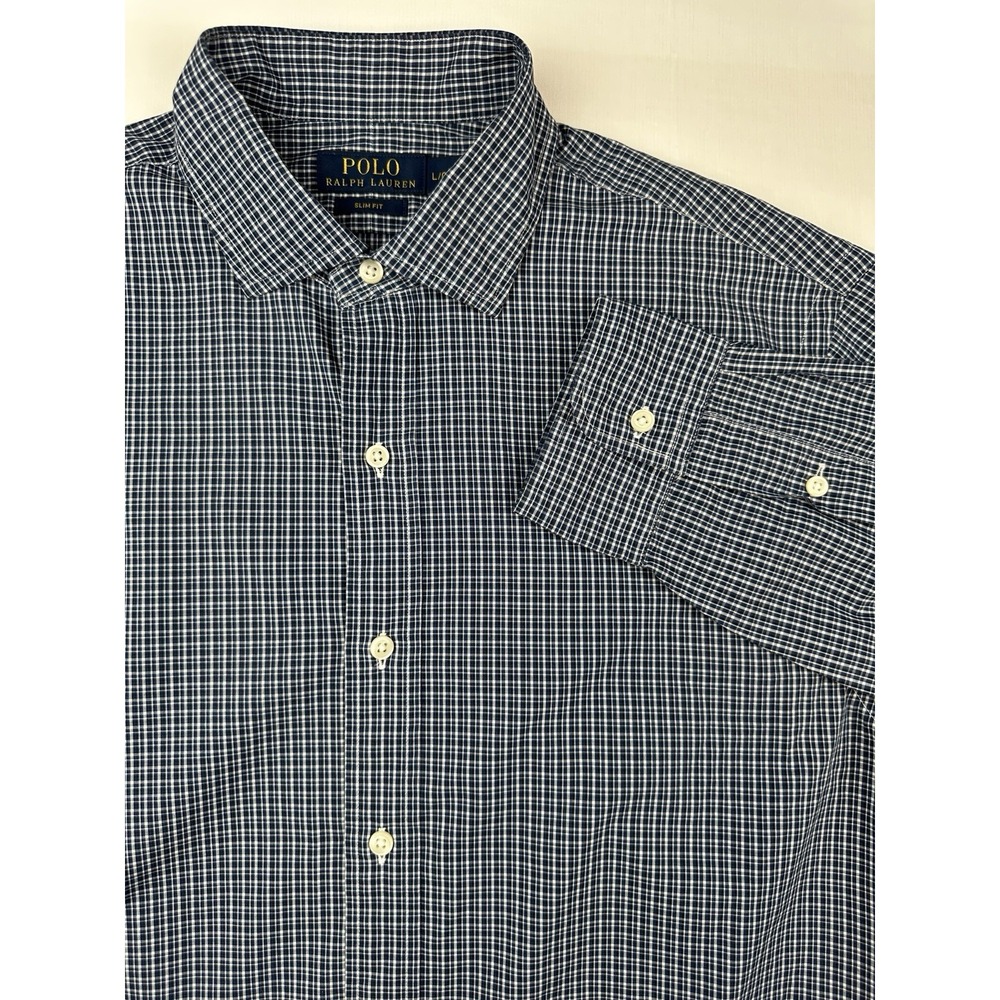 Polo Ralph Lauren‎ Mens Shirt L Slim Fit Dark Blue/Ivory Long Sleeves Button Up